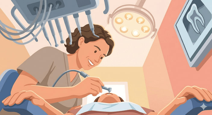 Illustratie van een tandarts die een wortelkanaalbehandeling uitvoert bij een ontspannen patiënt